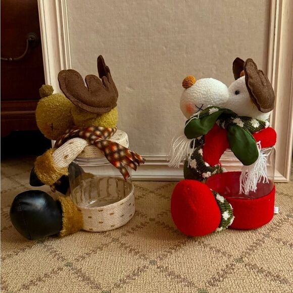 Christmas reindeer plush animals cookie / treat / candy jars set of 2 NWT - Picture 3 of 8